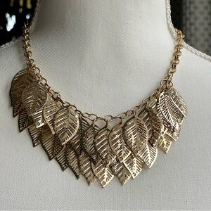 Gold Cascading Leaf Double Layer Statement Necklace 16" + 4" Extender